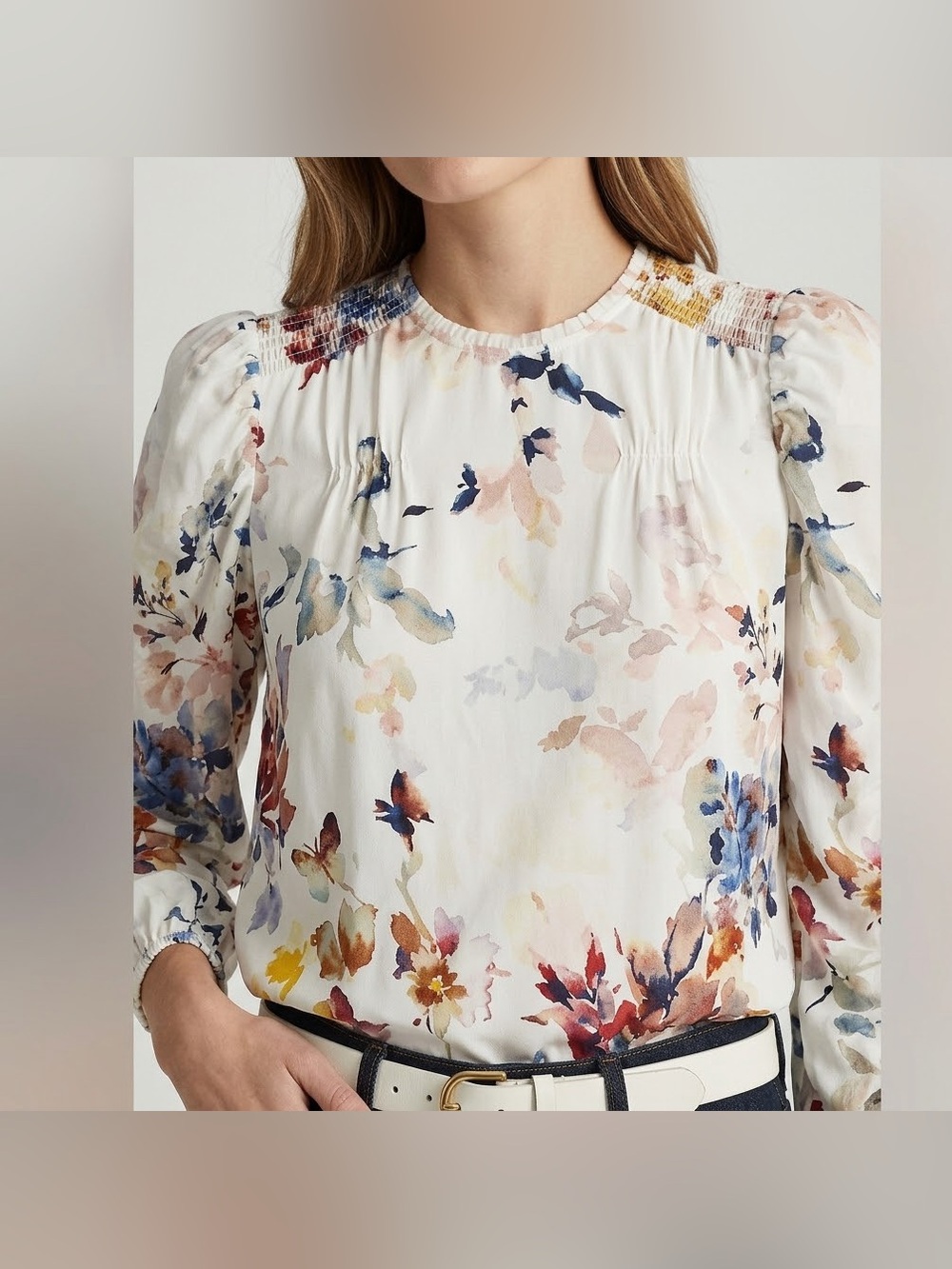 Monthe Ivory/Multi-floral print, 3/4 puff sleeves/subtle wrinkle detail: Size 4
